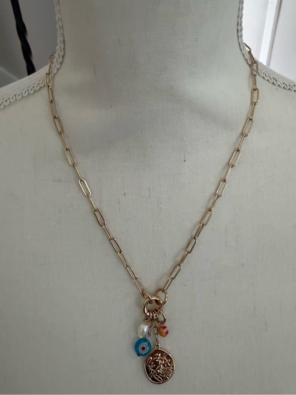 Evereve Gold Paperclip Necklace with Blue, Pink and Pearl Charms